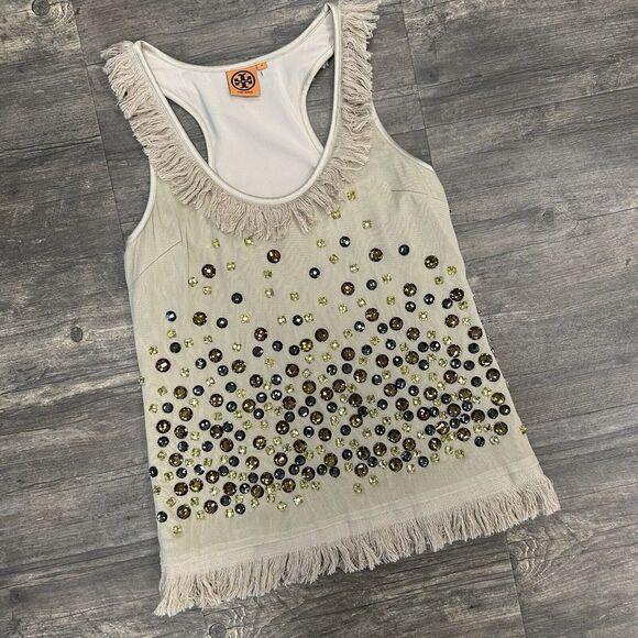 Tory Burch Enid Shell Embellished Tulle Nude‎ Tank, Top Women Size 8 EUC (65) - Picture 1 of 9